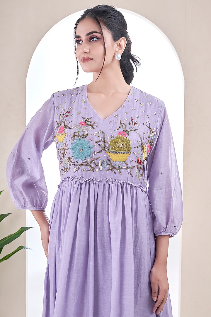 Lilac Mul Chanderi Floral Embroidered Dress by Ojasvini at Pernia's Pop Up Shop