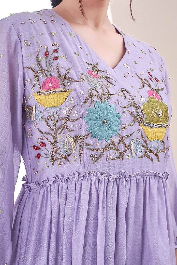 Lilac Mul Chanderi Floral Embroidered Dress by Ojasvini at Pernia's Pop Up Shop