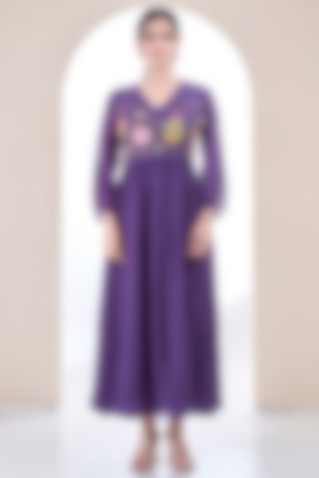 Purple Mul Chanderi Floral Embroidered Dress by Ojasvini at Pernia's Pop Up Shop