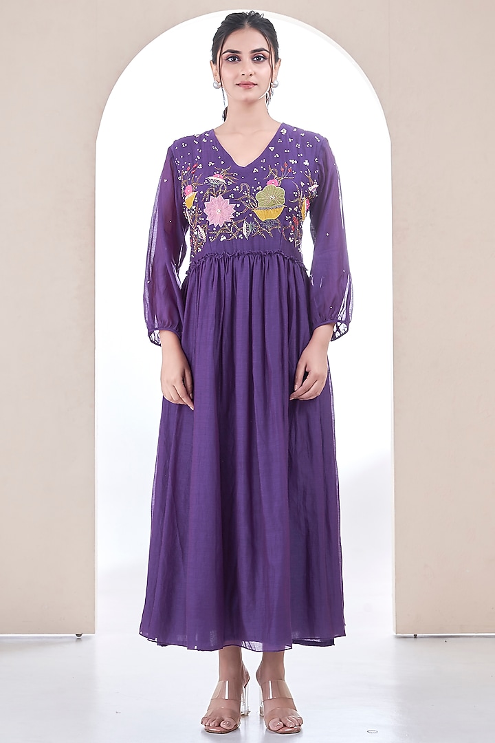 Purple Mul Chanderi Floral Embroidered Dress by Ojasvini at Pernia's Pop Up Shop
