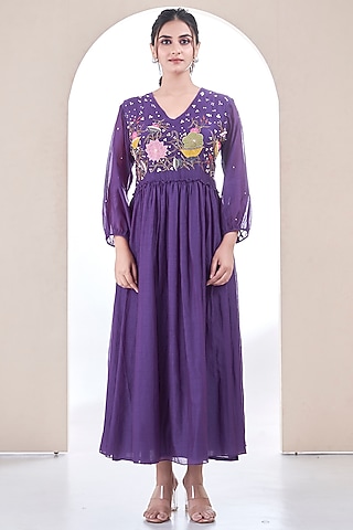 Purple Mul Chanderi Floral Embroidered Dress by Ojasvini