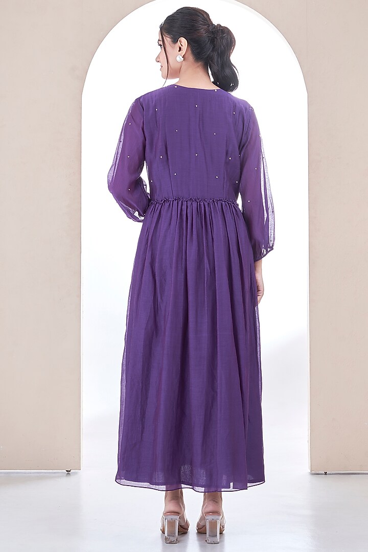 Purple Mul Chanderi Floral Embroidered Dress by Ojasvini at Pernia's Pop Up Shop