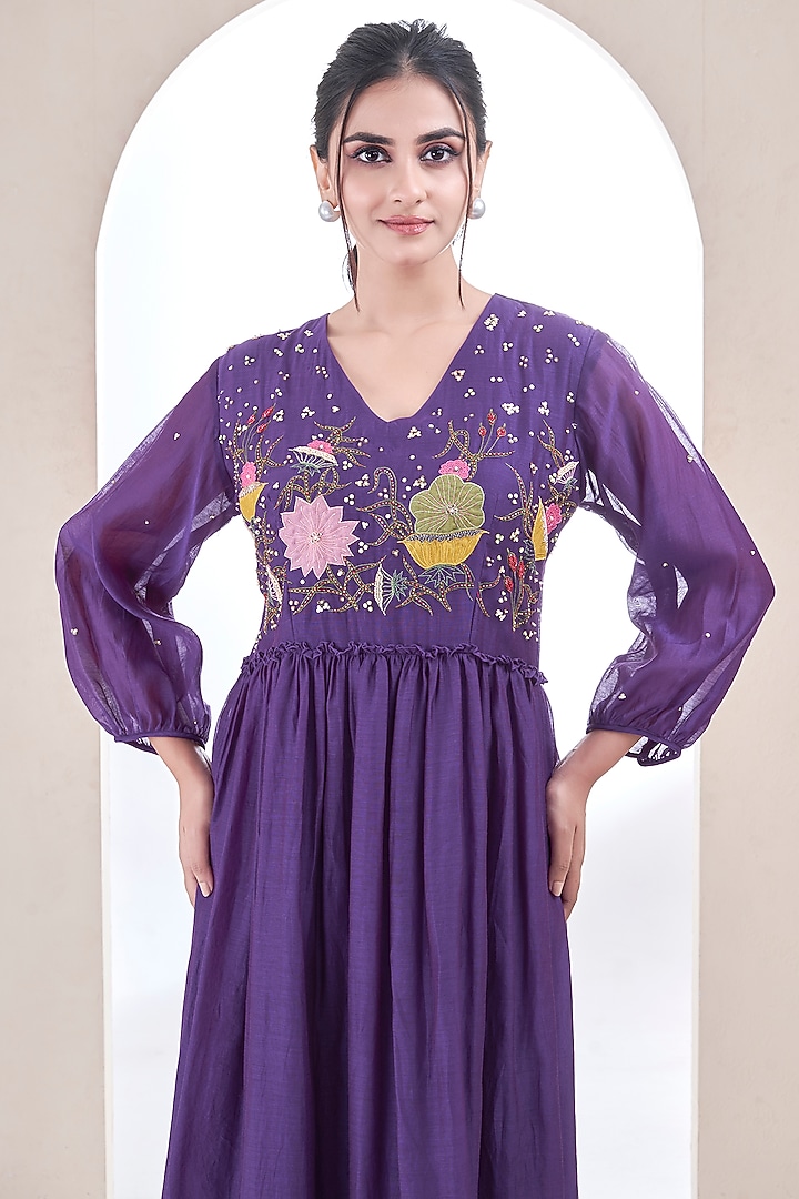 Purple Mul Chanderi Floral Embroidered Dress by Ojasvini at Pernia's Pop Up Shop