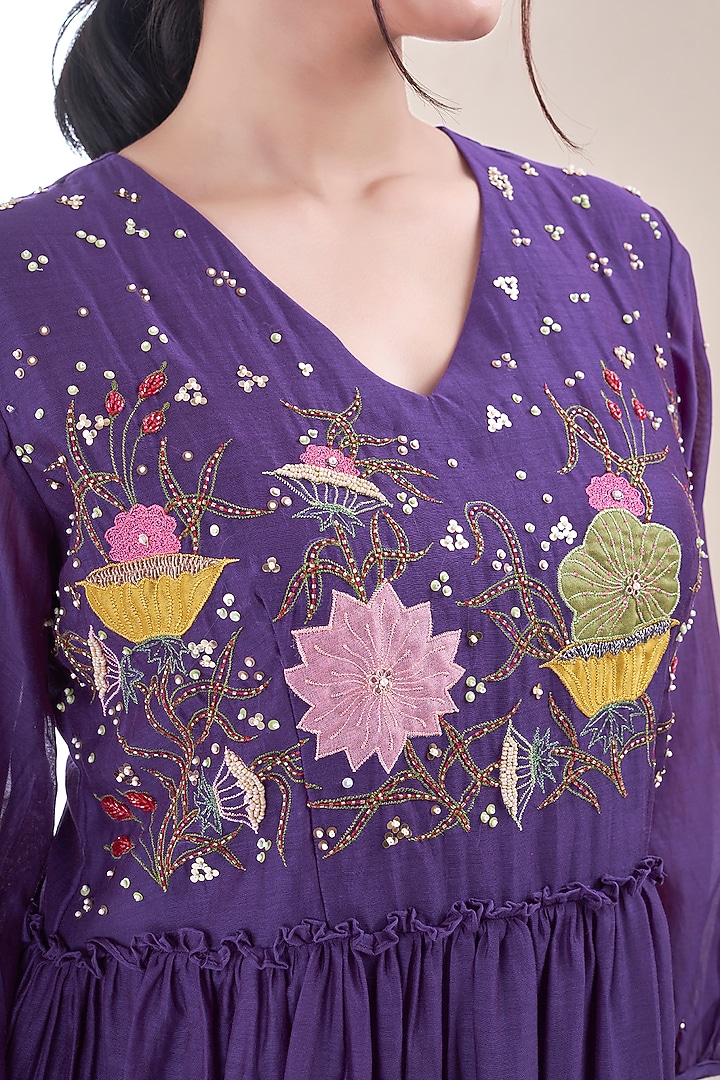 Purple Mul Chanderi Floral Embroidered Dress by Ojasvini at Pernia's Pop Up Shop