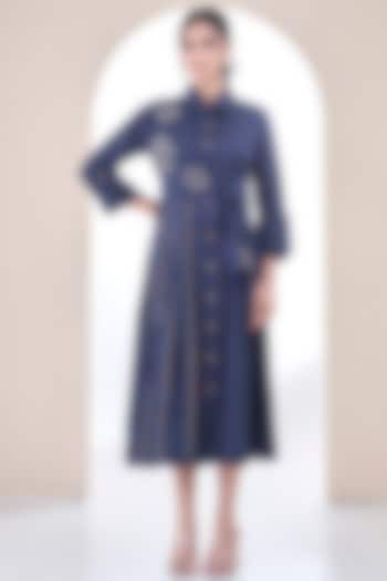 Navy Premium Cotton Floral Embroidered Midi Dress by Ojasvini at Pernia's Pop Up Shop