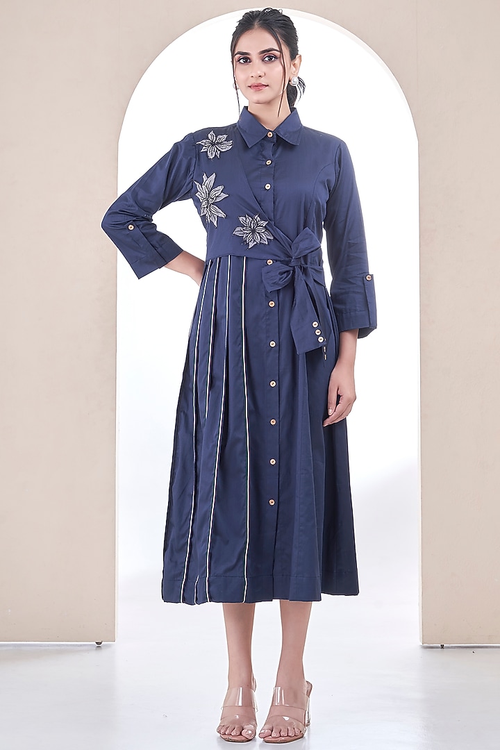Navy Premium Cotton Floral Embroidered Midi Dress by Ojasvini at Pernia's Pop Up Shop