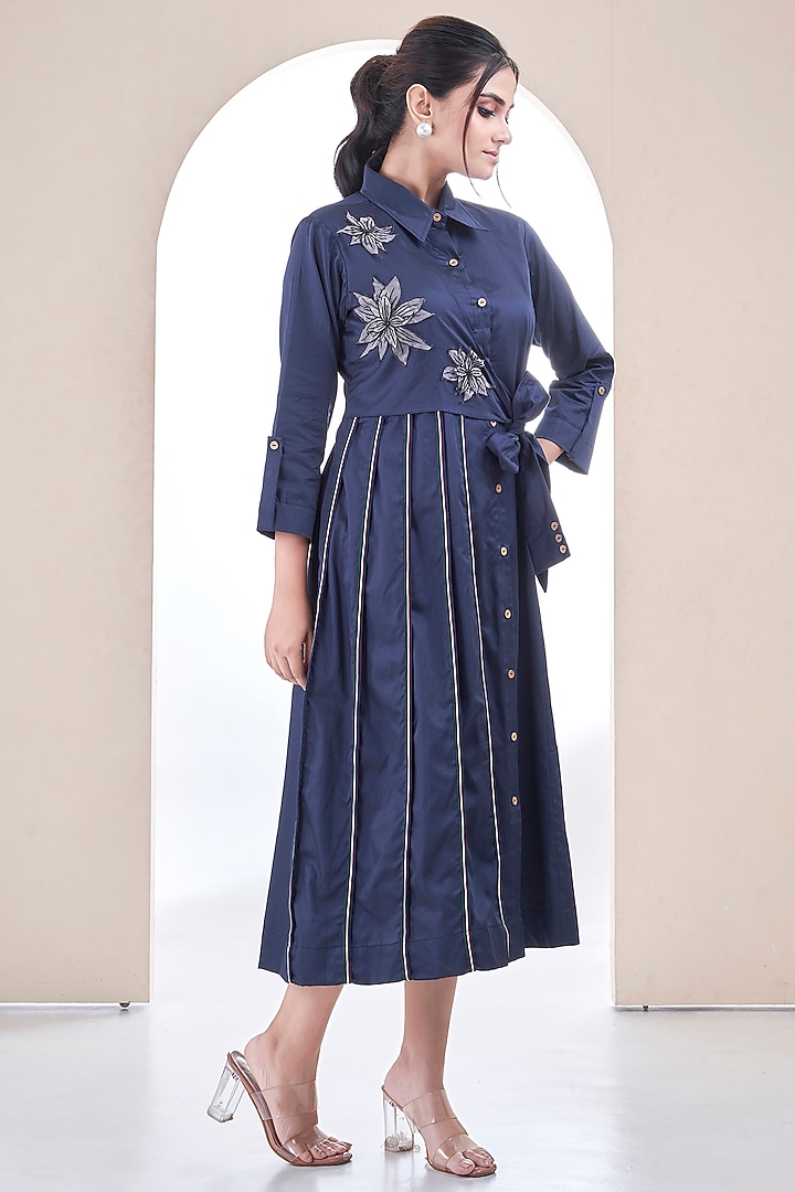 Navy Premium Cotton Floral Embroidered Midi Dress by Ojasvini at Pernia's Pop Up Shop