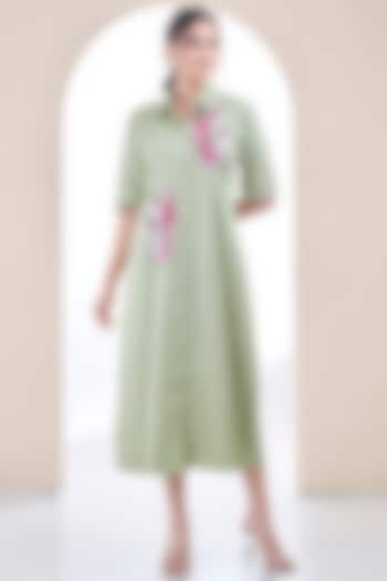 Sage Green Cotton Floral Embroidered Shirt Dress by Ojasvini at Pernia's Pop Up Shop