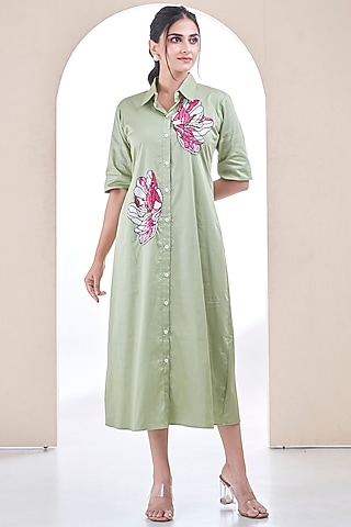 Sage Green Cotton Floral Embroidered Shirt Dress by Ojasvini