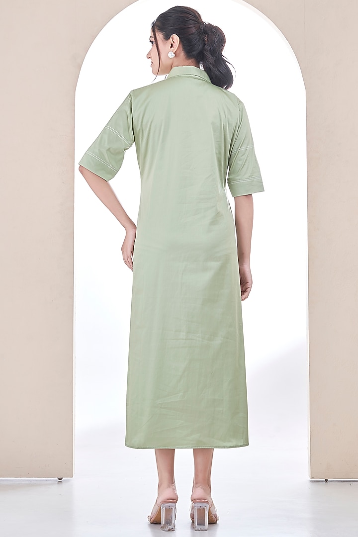 Sage Green Cotton Floral Embroidered Shirt Dress by Ojasvini at Pernia's Pop Up Shop