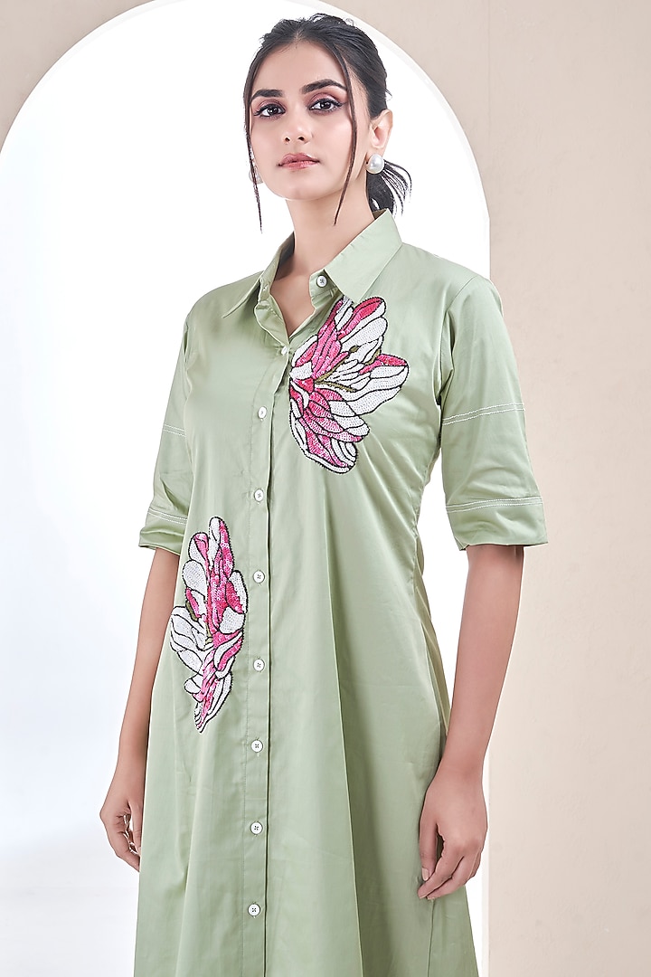 Sage Green Cotton Floral Embroidered Shirt Dress by Ojasvini at Pernia's Pop Up Shop