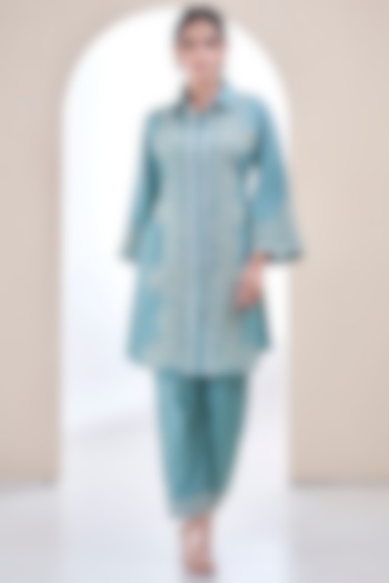 Teal blue Organza 3D Embroidered Co-Ord Set by Ojasvini at Pernia's Pop Up Shop