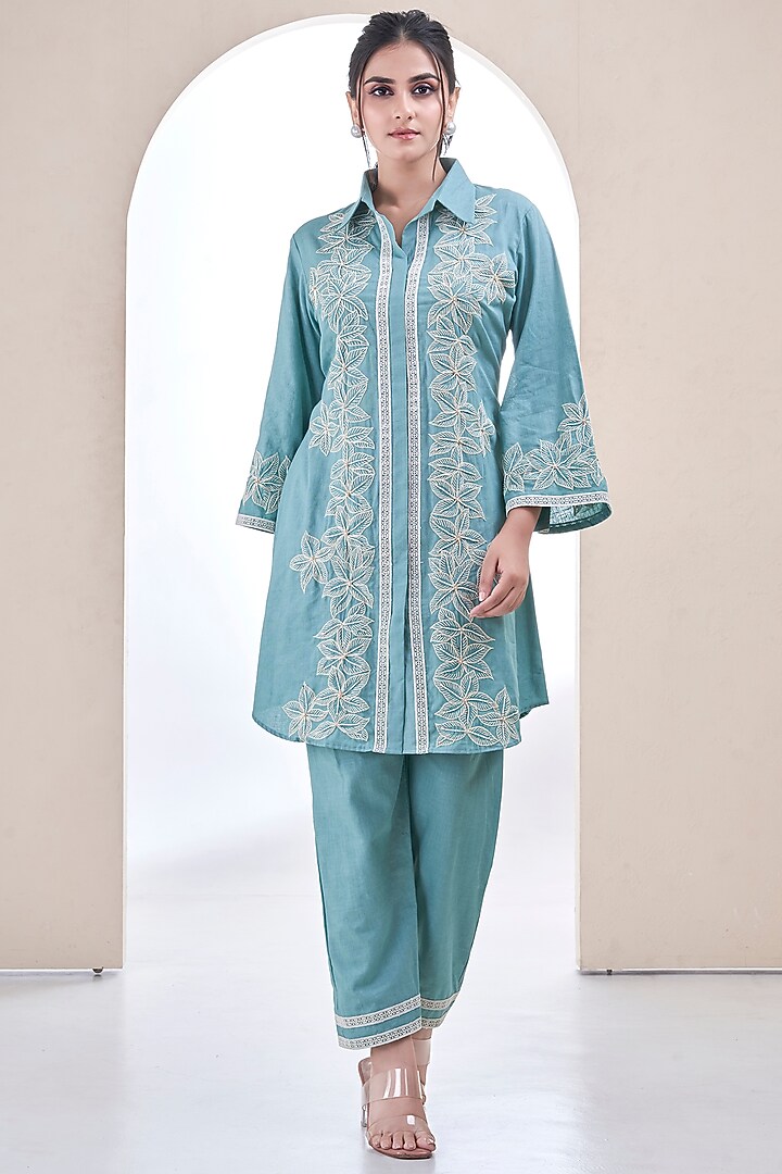 Teal blue Organza 3D Embroidered Co-Ord Set by Ojasvini at Pernia's Pop Up Shop
