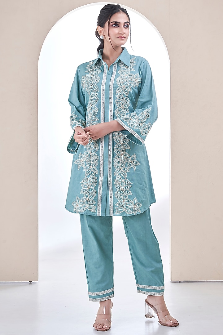 Teal blue Organza 3D Embroidered Co-Ord Set by Ojasvini at Pernia's Pop Up Shop