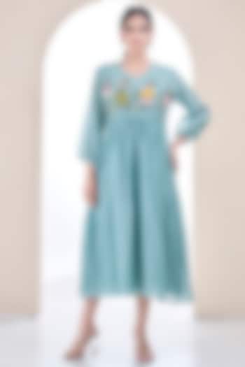 Teal Blue Mul Chanderi Floral Embroidered Summer Dress by Ojasvini at Pernia's Pop Up Shop