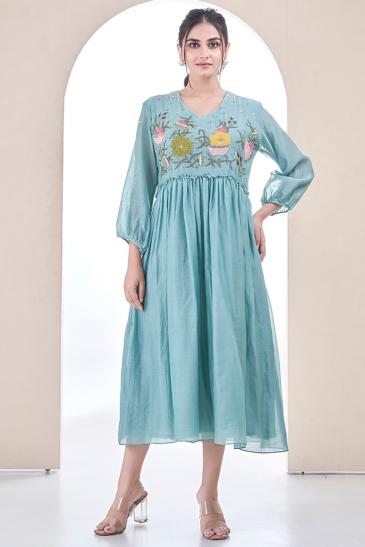 Teal Blue Mul Chanderi Floral Embroidered Summer Dress by Ojasvini at Pernia's Pop Up Shop