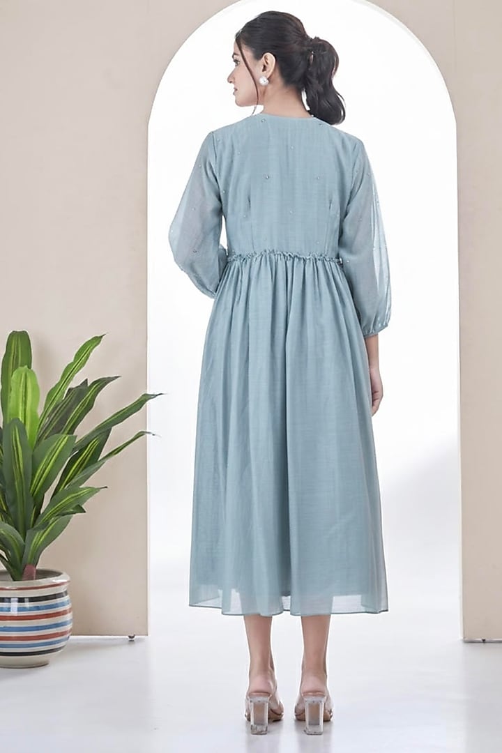 Teal Blue Mul Chanderi Floral Embroidered Summer Dress by Ojasvini at Pernia's Pop Up Shop