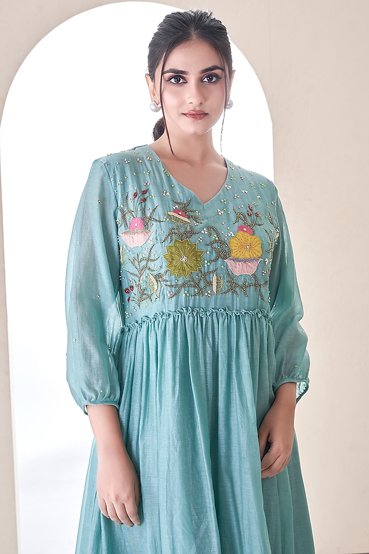 Teal Blue Mul Chanderi Floral Embroidered Summer Dress by Ojasvini at Pernia's Pop Up Shop