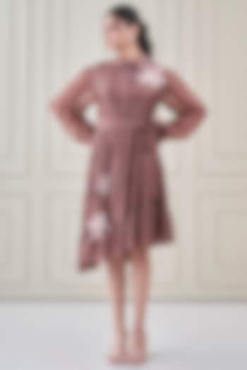 Coffee Silk Chanderi Floral Embroidered Summer Dress by Ojasvini at Pernia's Pop Up Shop