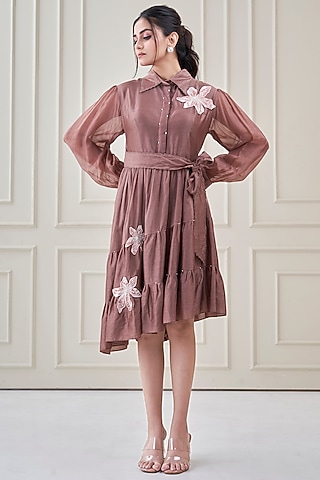 Coffee Silk Chanderi Floral Embroidered Dress by Ojasvini