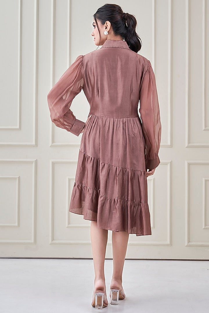 Coffee Silk Chanderi Floral Embroidered Summer Dress by Ojasvini at Pernia's Pop Up Shop