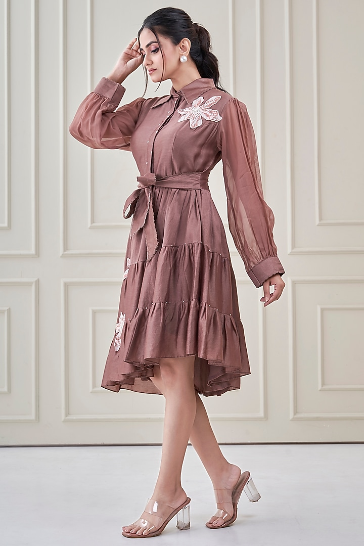 Coffee Silk Chanderi Floral Embroidered Summer Dress by Ojasvini at Pernia's Pop Up Shop