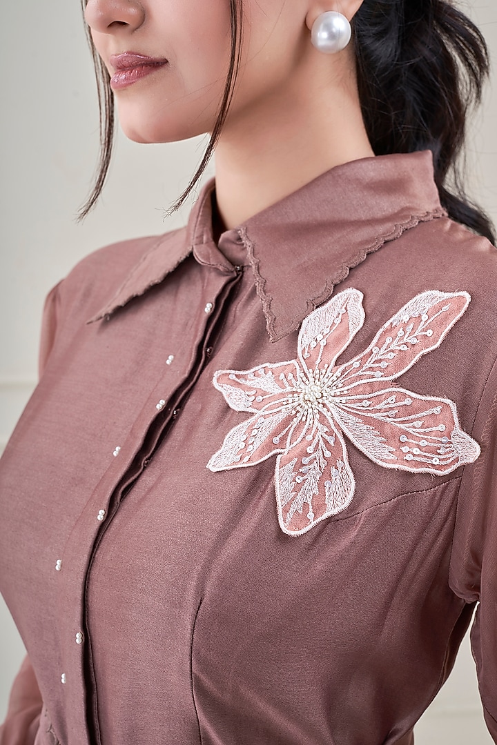 Coffee Silk Chanderi Floral Embroidered Summer Dress by Ojasvini at Pernia's Pop Up Shop
