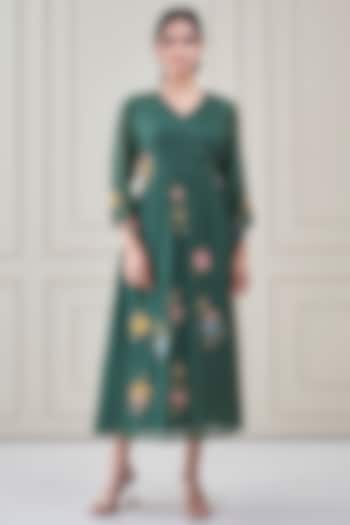 Bottle Green Mul Chanderi Floral Embroidered Summer Dress by Ojasvini at Pernia's Pop Up Shop