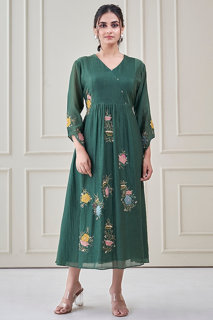 Bottle Green Mul Chanderi Floral Embroidered Summer Dress by Ojasvini at Pernia's Pop Up Shop