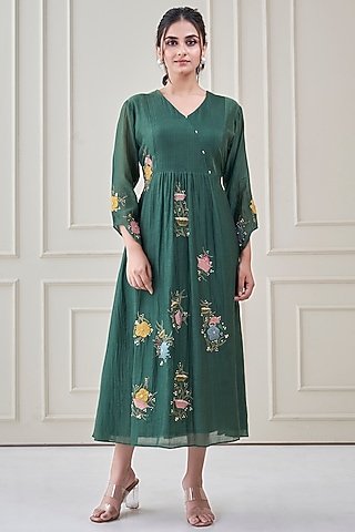 Bottle Green Mul Chanderi Floral Embroidered Dress by Ojasvini