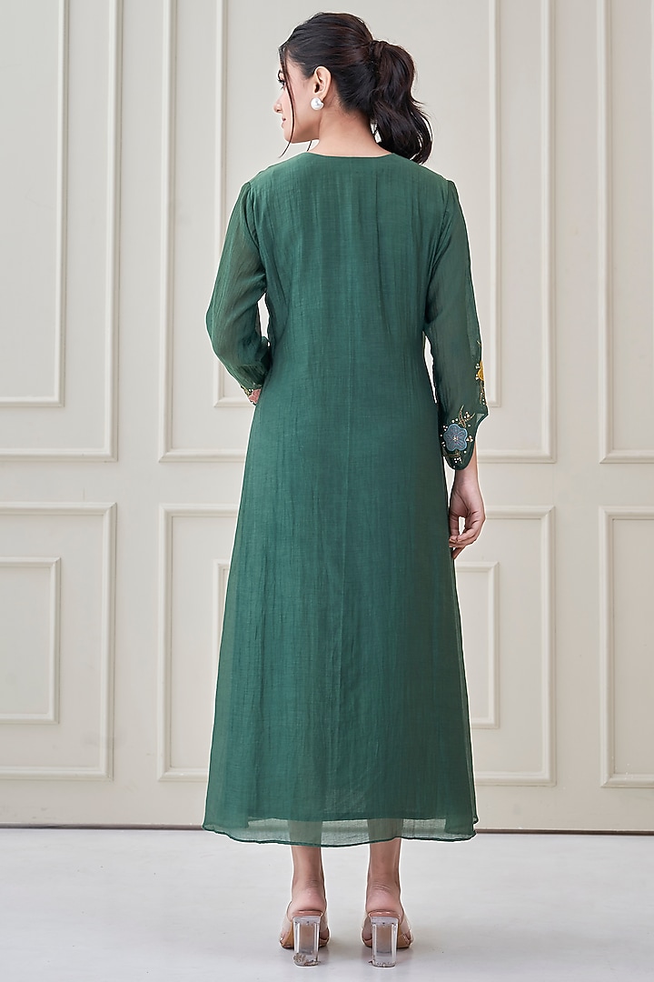 Bottle Green Mul Chanderi Floral Embroidered Summer Dress by Ojasvini at Pernia's Pop Up Shop
