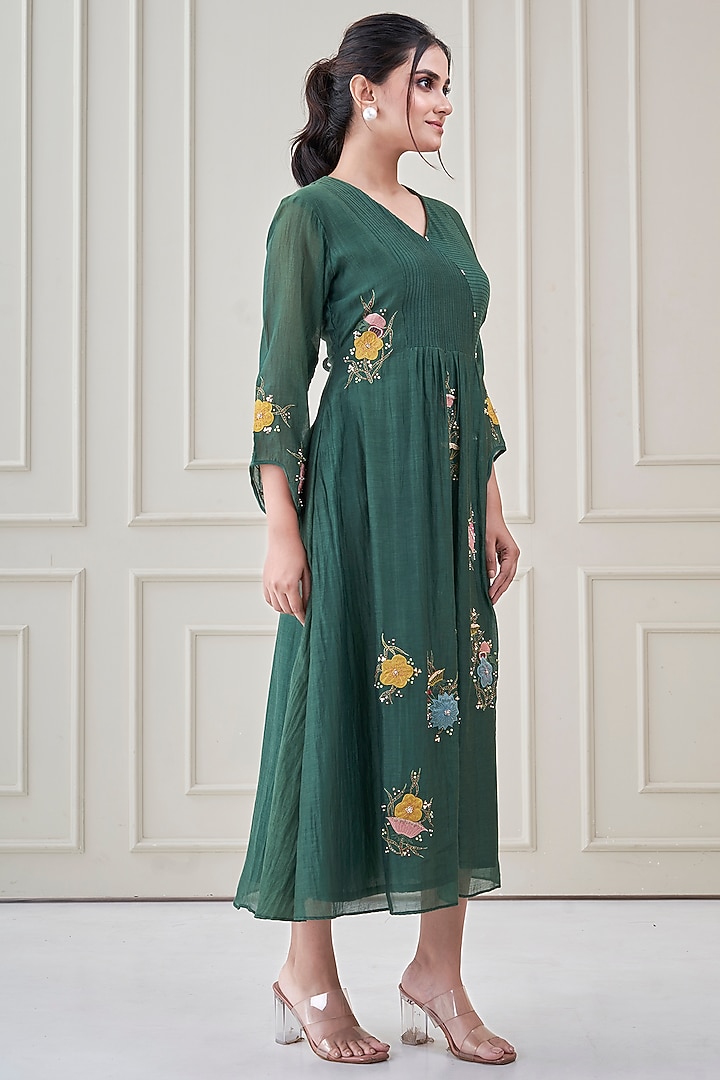 Bottle Green Mul Chanderi Floral Embroidered Summer Dress by Ojasvini at Pernia's Pop Up Shop