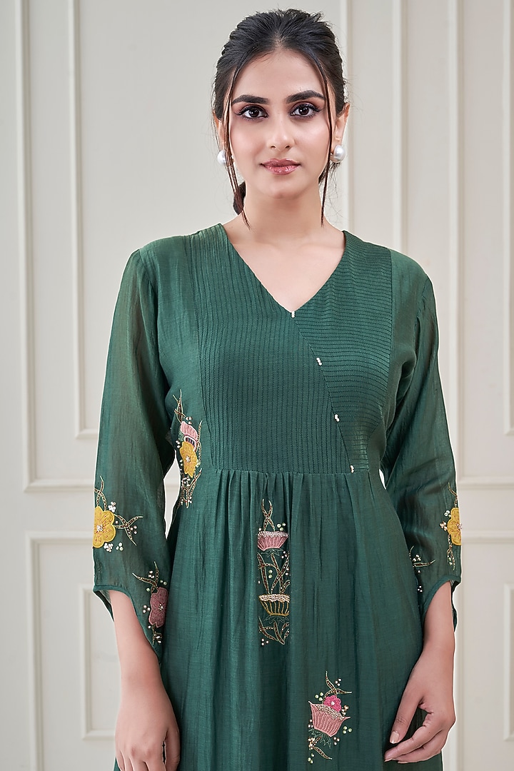 Bottle Green Mul Chanderi Floral Embroidered Summer Dress by Ojasvini at Pernia's Pop Up Shop
