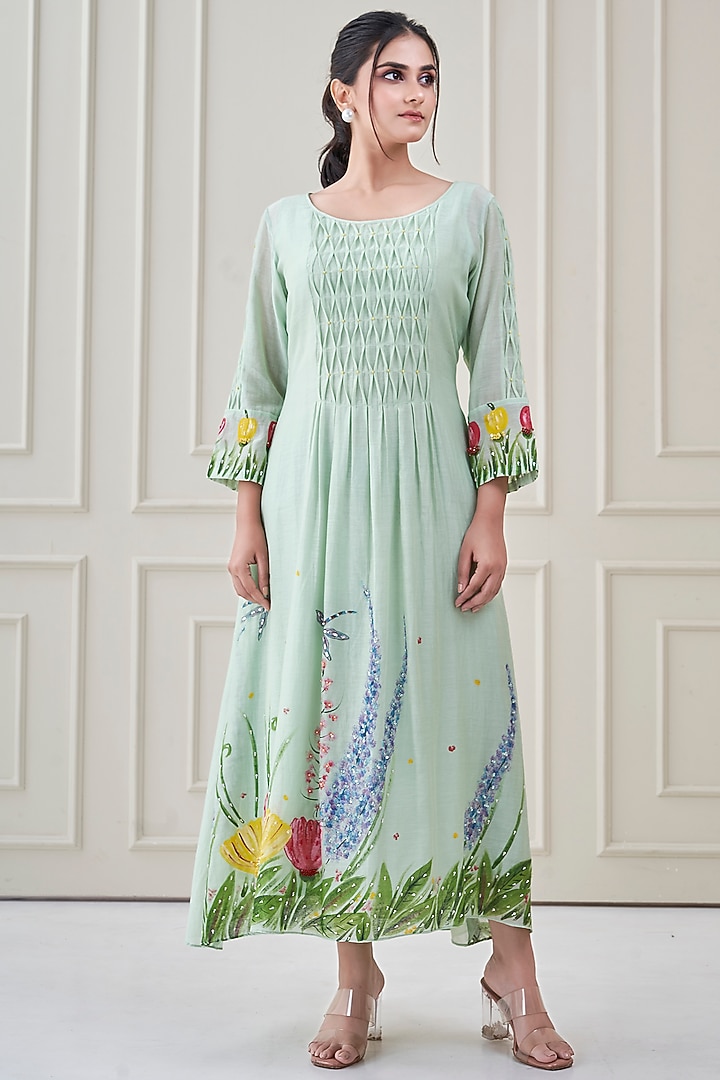 Sea Green Mul Chanderi Hand Painted Summer Dress by Ojasvini at Pernia's Pop Up Shop