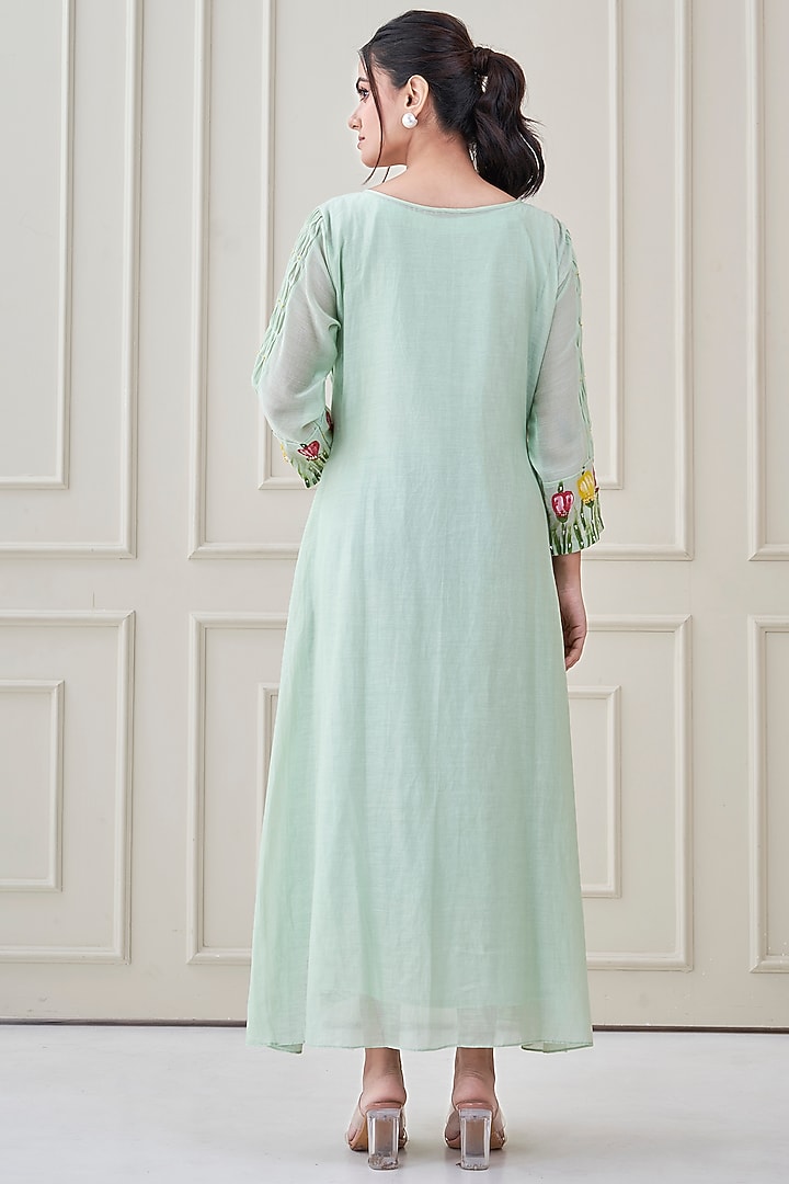 Sea Green Mul Chanderi Hand Painted Summer Dress by Ojasvini at Pernia's Pop Up Shop