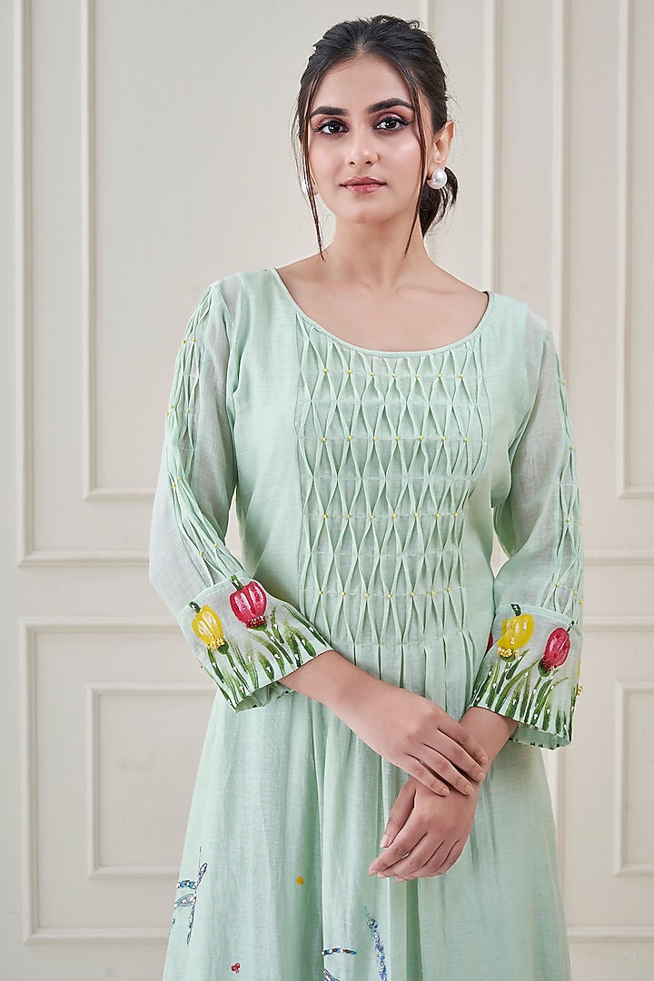 Sea Green Mul Chanderi Hand Painted Summer Dress by Ojasvini at Pernia's Pop Up Shop