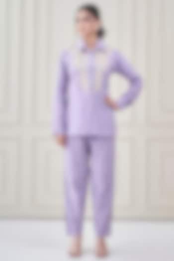 Lilac Linen Applique Embroidered Co-Ord Set by Ojasvini at Pernia's Pop Up Shop