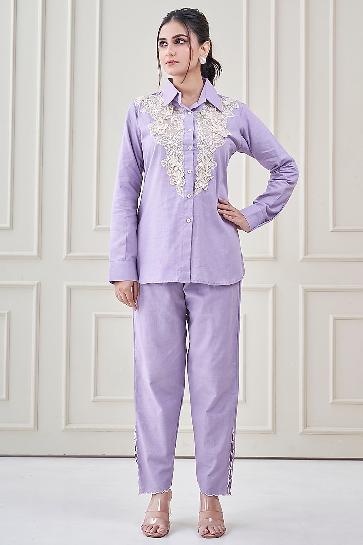 Lilac Linen Applique Embroidered Co-Ord Set by Ojasvini at Pernia's Pop Up Shop