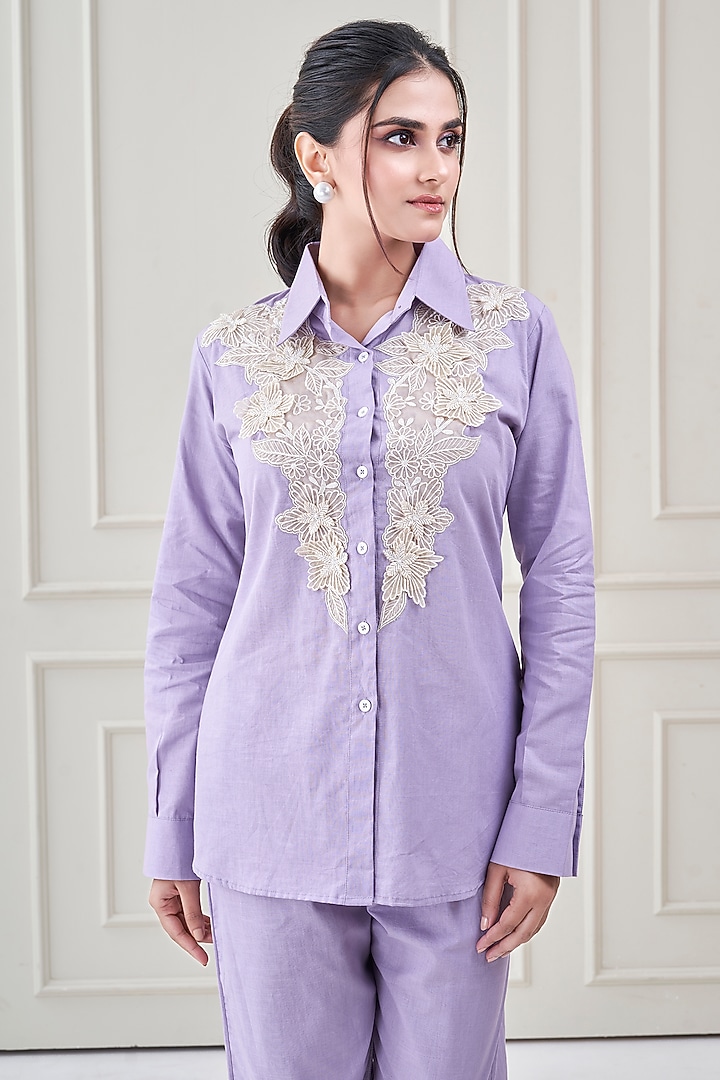 Lilac Linen Applique Embroidered Co-Ord Set by Ojasvini at Pernia's Pop Up Shop