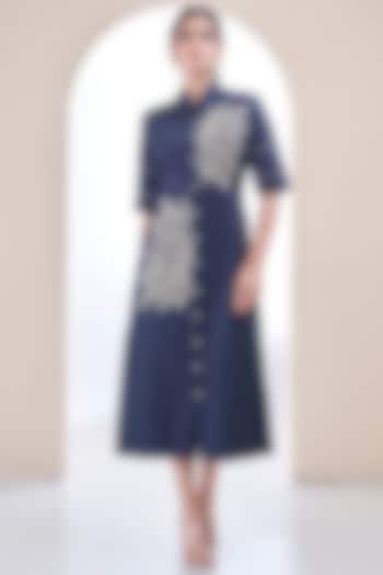 Navy Blue Premium Cotton Thread Work Summer Shirt Dress by Ojasvini at Pernia's Pop Up Shop