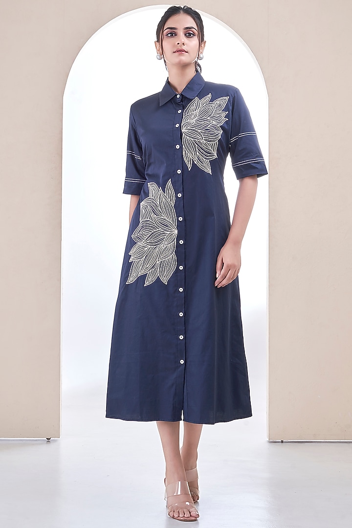 Navy Blue Premium Cotton Thread Work Summer Shirt Dress by Ojasvini at Pernia's Pop Up Shop