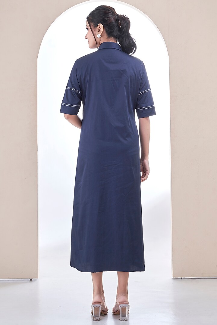 Navy Blue Premium Cotton Thread Work Summer Shirt Dress by Ojasvini at Pernia's Pop Up Shop