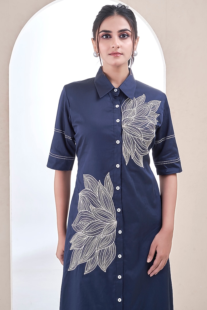 Navy Blue Premium Cotton Thread Work Summer Shirt Dress by Ojasvini at Pernia's Pop Up Shop