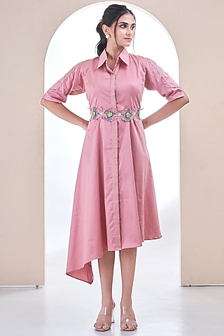 Pink Premium Cotton Hand Embroidered Shirt Dress by Ojasvini