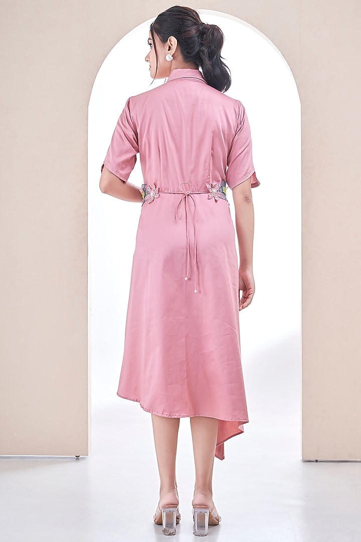 Pink Premium Cotton Hand Embroidered Summer Shirt Dress by Ojasvini at Pernia's Pop Up Shop