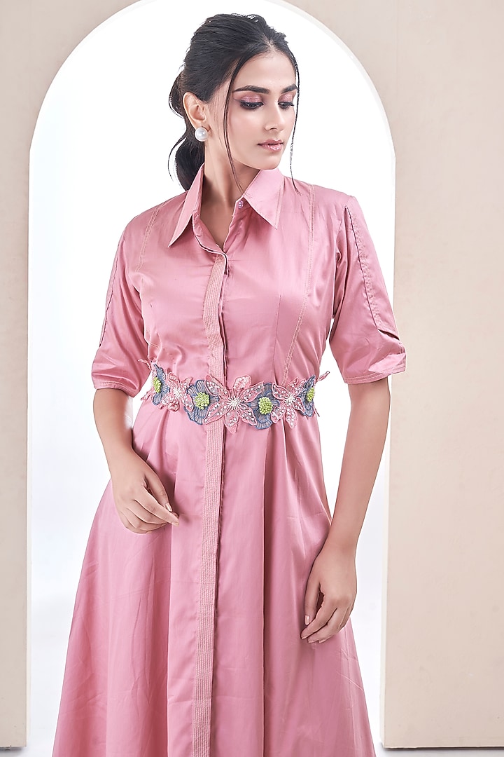 Pink Premium Cotton Hand Embroidered Summer Shirt Dress by Ojasvini at Pernia's Pop Up Shop