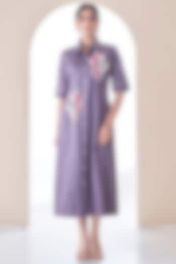 Dark Mauve Premium Cotton Hand Embroidered Summer Shirt Dress by Ojasvini at Pernia's Pop Up Shop