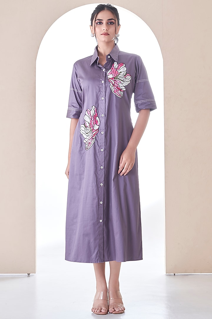 Dark Mauve Premium Cotton Hand Embroidered Summer Shirt Dress by Ojasvini at Pernia's Pop Up Shop