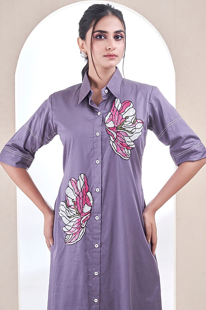 Dark Mauve Premium Cotton Hand Embroidered Summer Shirt Dress by Ojasvini at Pernia's Pop Up Shop