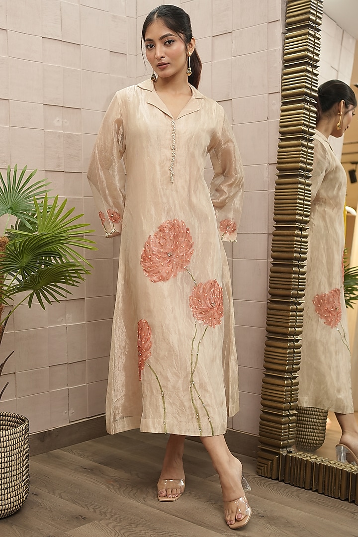 Champagne Tissue Organza Hand-Painted & Embroidered Summer Dress by Ojasvini at Pernia's Pop Up Shop